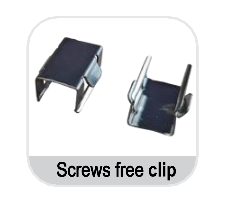 YD-2566 spring clip labelled Screws free clip — grips the profile body inside the routed slot without screws
